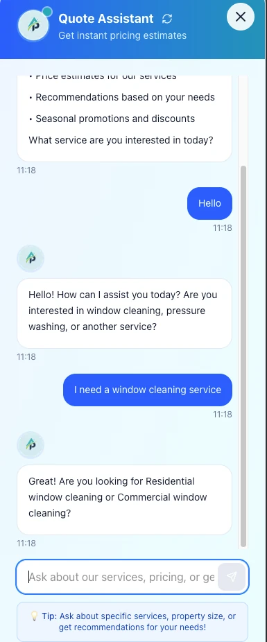 Chatbot IA de Professional Window Cleaning en acción